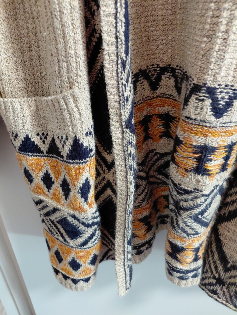Lucky Brand Yellow Cream Knit Open Front Aztec-Pattern Cardigan Sweater W/Hood - Picture 9 of 11